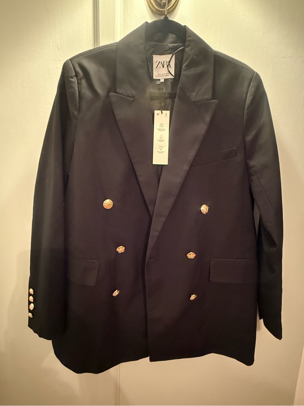 Zara Black Double-Breasted Blazer with Gold Button Accents